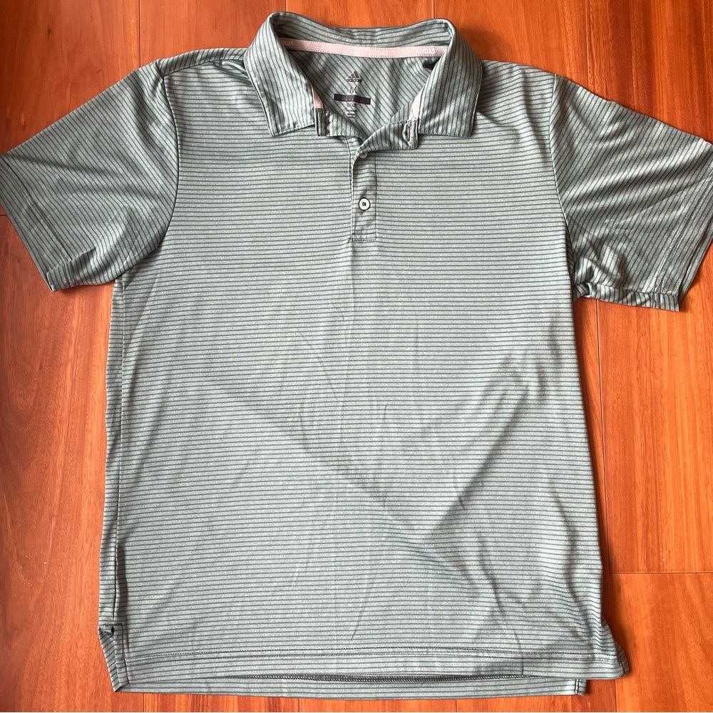 Adidas Men's Medium Polo Shirt - Seafoam Green with Blue/Grey Stripes
